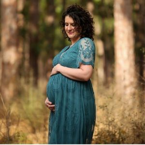 PinkBlush Teal Lace Mesh Overlay Maternity Maxi Dress